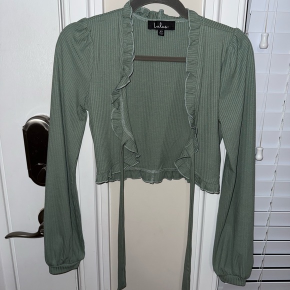Lulu's Sage Green Ruffle Tie-Front Crop Top - Picture 2 of 4